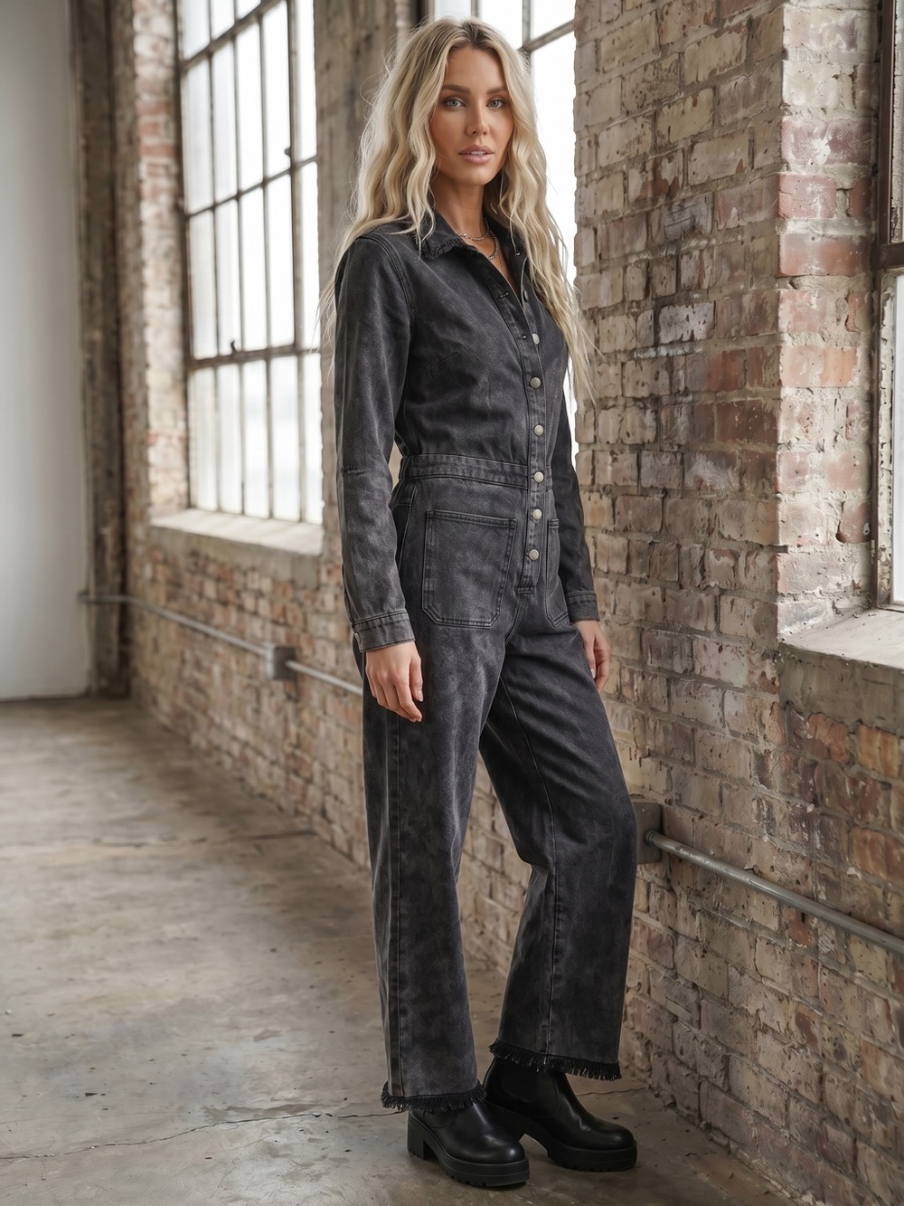 NWT UMGEE Washed Denim Black Frayed Hem Button Down Utility Jumpsuit Coveralls - Picture 2 of 6